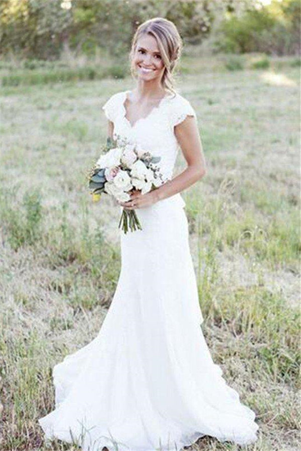 Sweep Train A Line Lace V neck Tulle Sleeveless Wedding Dresses-showprettydress