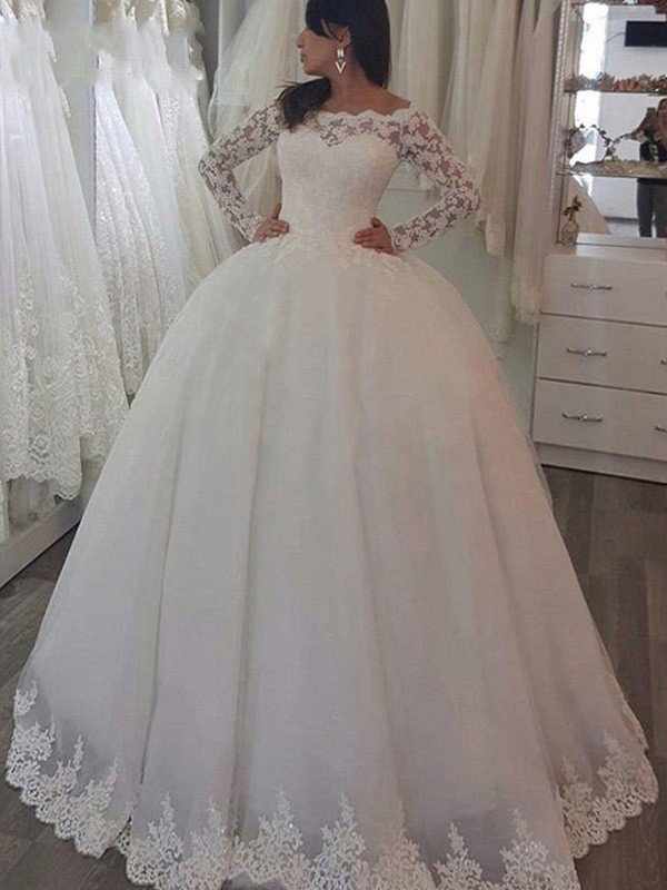 Sweep Train Applique Ball Gown Off the Shoulder Lace Long Sleevess Wedding Dresses-showprettydress