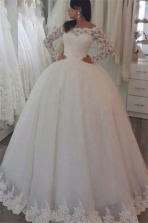 Sweep Train Applique Ball Gown Off the Shoulder Lace Long Sleevess Wedding Dresses-showprettydress