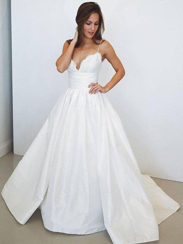 Sweep Train Ball Gown Sleeveless Ruched Satin Spaghetti Straps Wedding Dresses-showprettydress