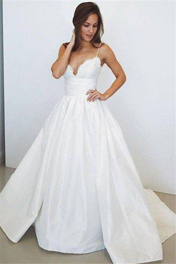 Sweep Train Ball Gown Sleeveless Ruched Satin Spaghetti Straps Wedding Dresses-showprettydress