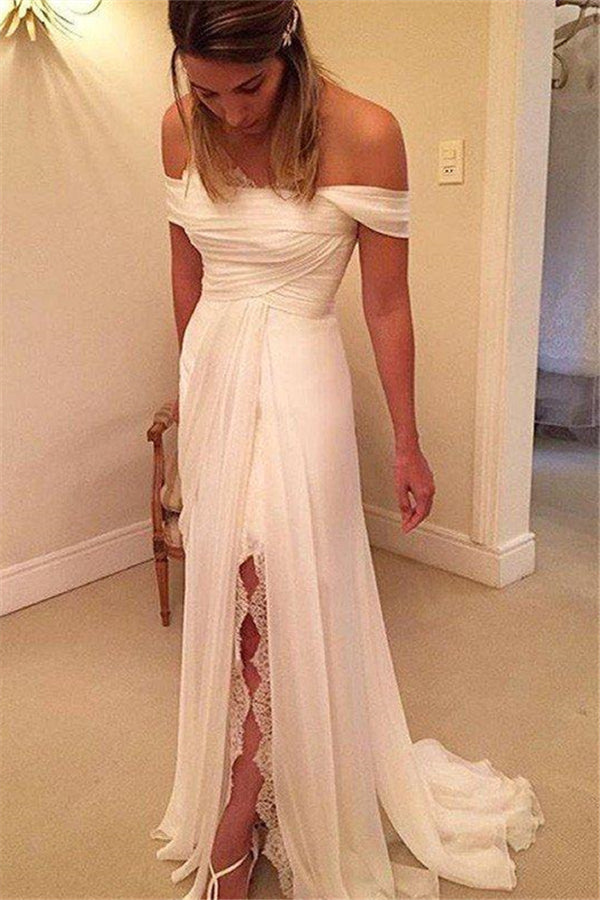 Sweep Train Chiffon A Line Ruffless Off the Shoulder Sleeveless Wedding Dresses-showprettydress