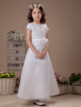 Sweet A-Line White Satin Ankle-Length First Communion Dress-showprettydress