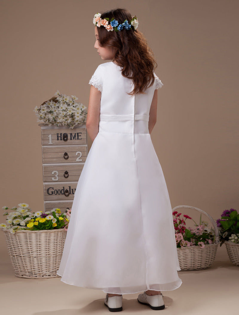 Sweet A-Line White Satin Ankle-Length First Communion Dress-showprettydress
