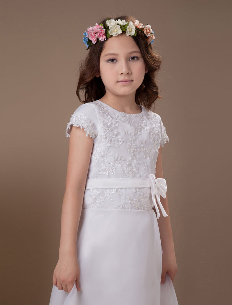 Sweet A-Line White Satin Ankle-Length First Communion Dress-showprettydress