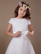 Sweet A-Line White Satin Ankle-Length First Communion Dress-showprettydress