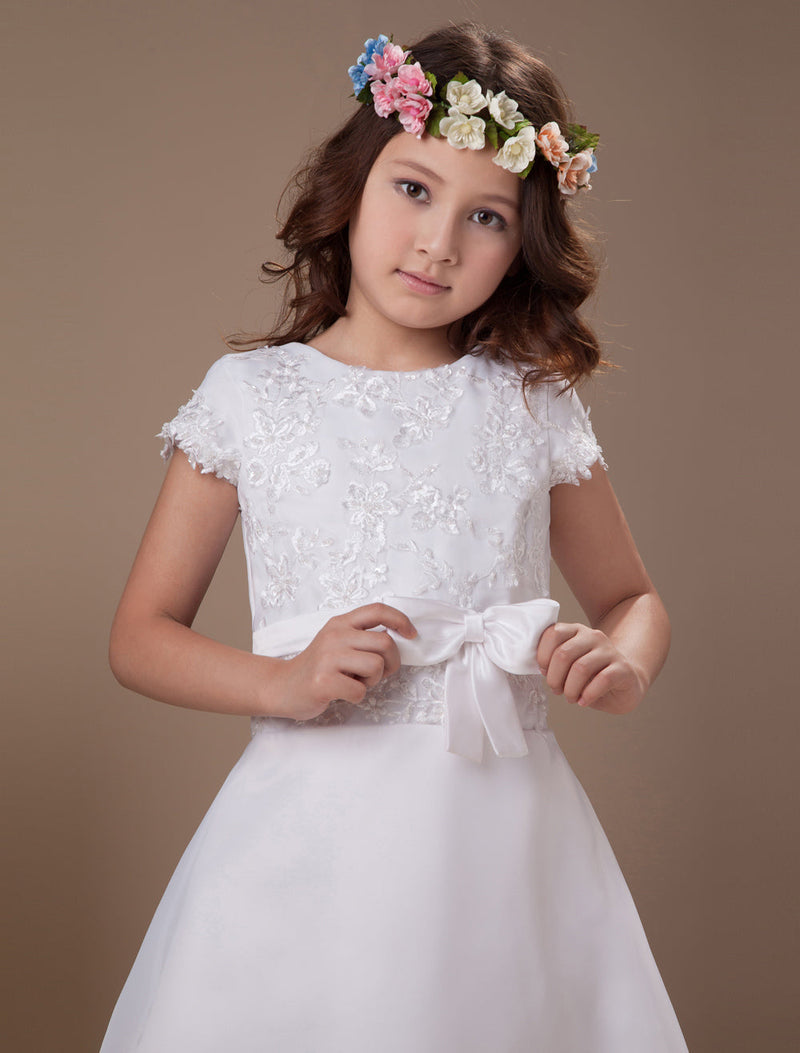 Sweet A-Line White Satin Ankle-Length First Communion Dress-showprettydress