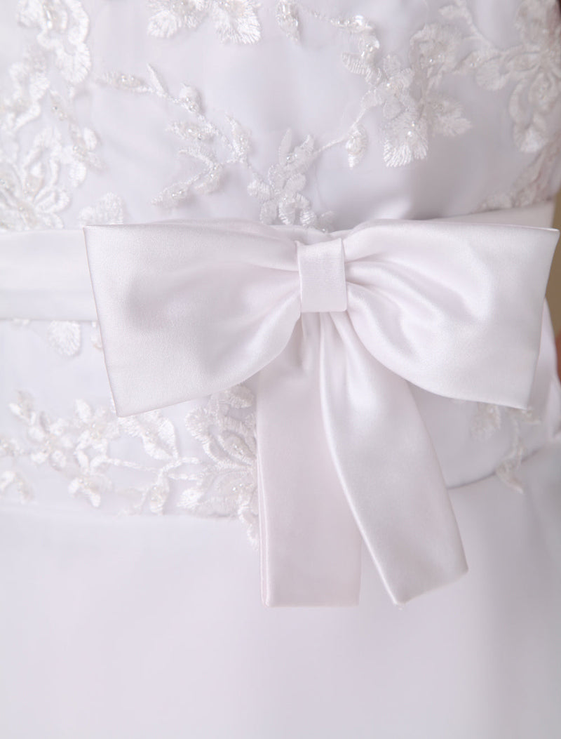 Sweet A-Line White Satin Ankle-Length First Communion Dress-showprettydress
