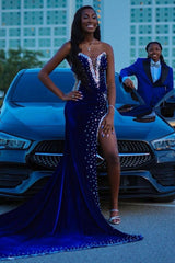 Sweetheart Chapel Train Mermaid Beads Front Side Prom Dress-showprettydress