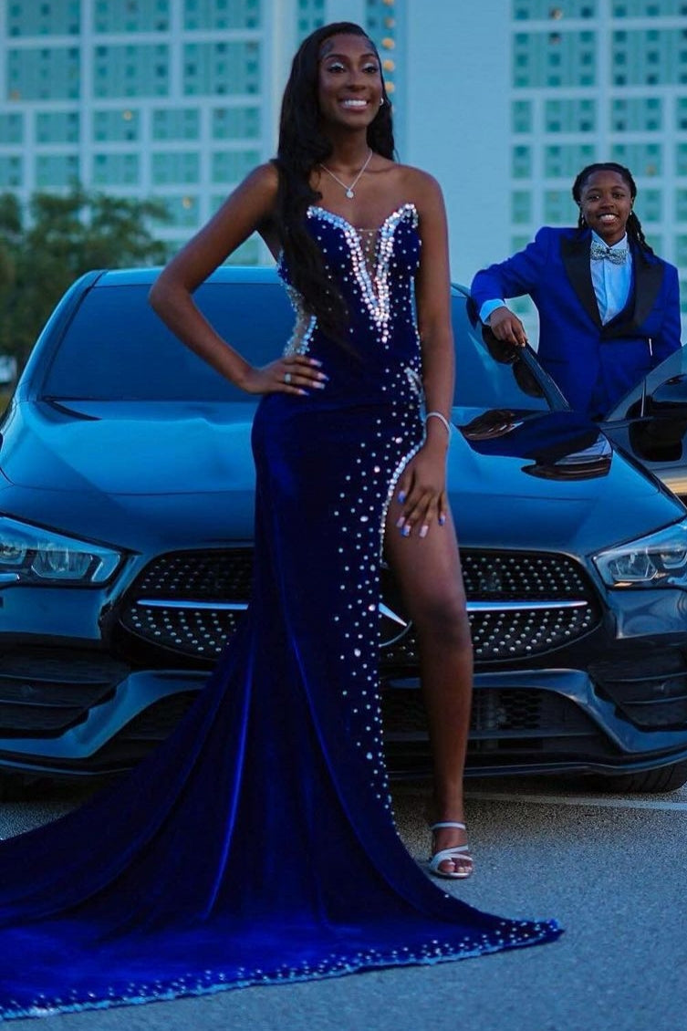 Sweetheart Chapel Train Mermaid Beads Front Side Prom Dress-showprettydress