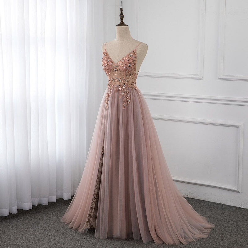 Sweetheart Crystal Prom Dresses Straps Spaghetti Tulle Evening Gown Split Side-showprettydress