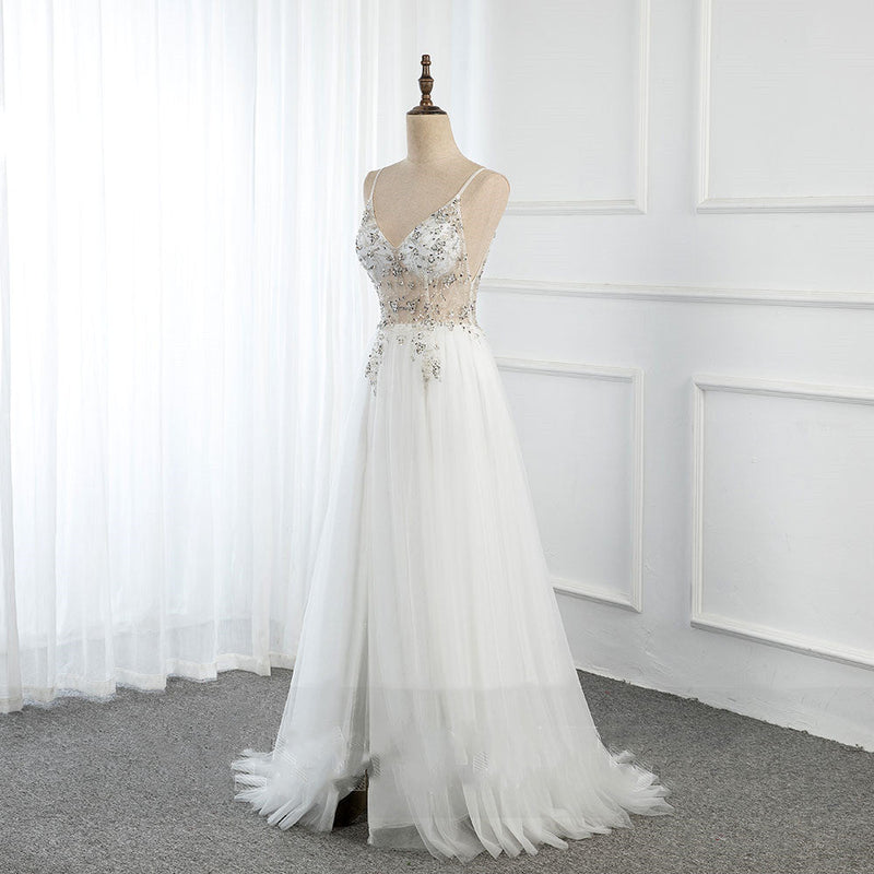 Sweetheart Crystal Prom Dresses Straps Spaghetti Tulle Evening Gown Split Side-showprettydress