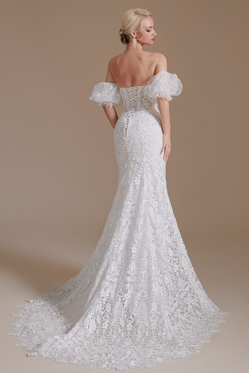 Sweetheart Detachable Bubble Sleeves Lace Mermaid Wedding Dress | Showprettydress Design-showprettydress