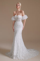 Sweetheart Detachable Bubble Sleeves Lace Mermaid Wedding Dress | Showprettydress Design-showprettydress