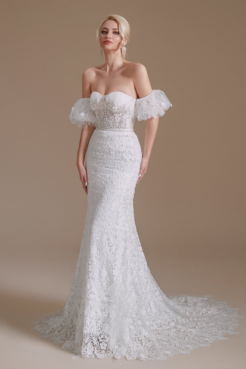 Sweetheart Detachable Bubble Sleeves Lace Mermaid Wedding Dress | Showprettydress Design-showprettydress