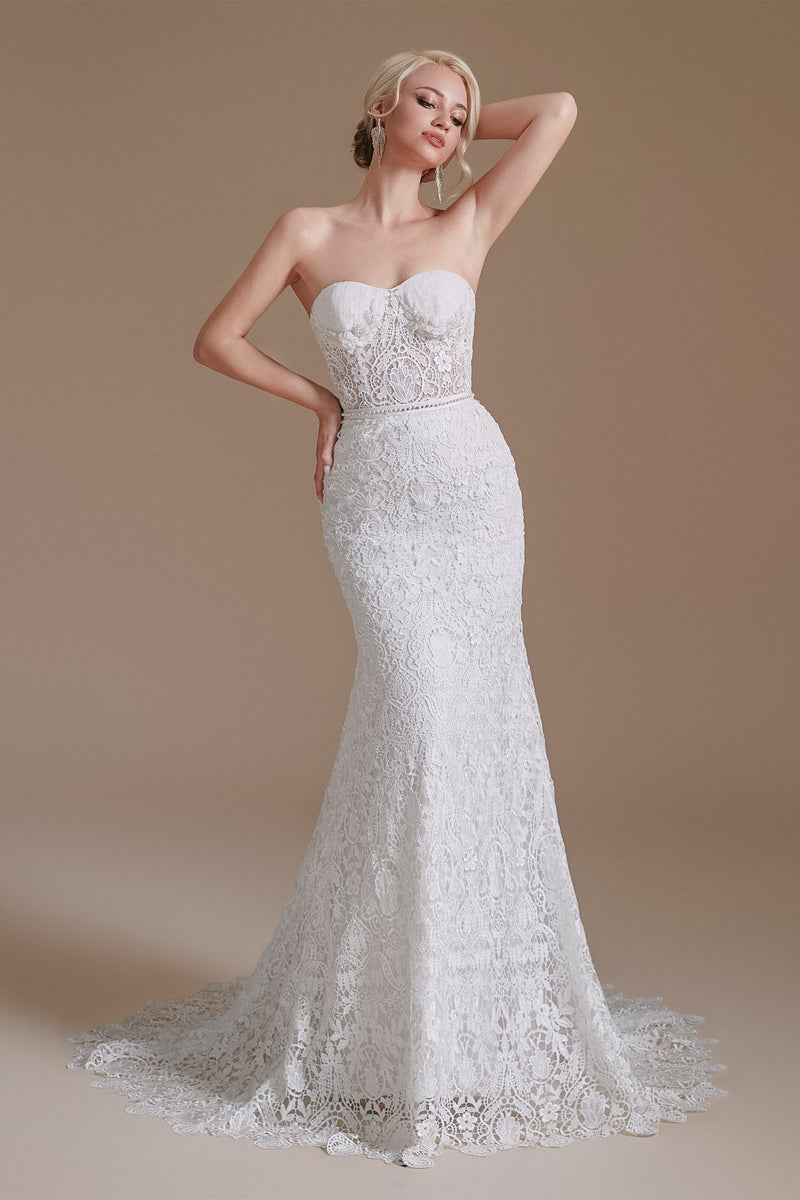 Sweetheart Detachable Bubble Sleeves Lace Mermaid Wedding Dress | Showprettydress Design-showprettydress