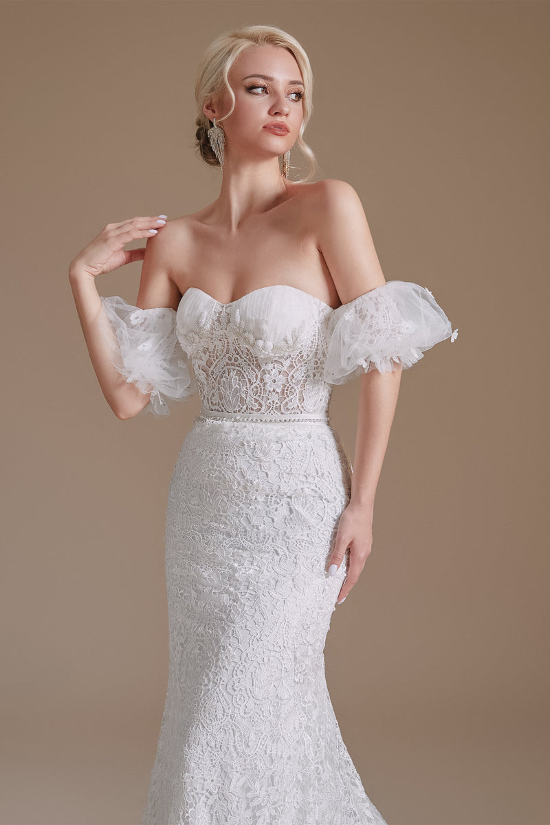 Sweetheart Detachable Bubble Sleeves Lace Mermaid Wedding Dress | Showprettydress Design-showprettydress