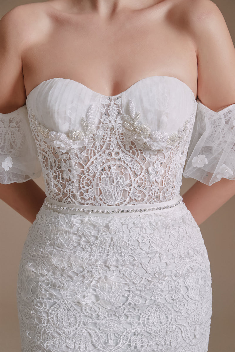 Sweetheart Detachable Bubble Sleeves Lace Mermaid Wedding Dress | Showprettydress Design-showprettydress