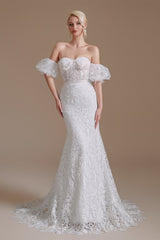 Sweetheart Detachable Bubble Sleeves Lace Mermaid Wedding Dress | Showprettydress Design-showprettydress