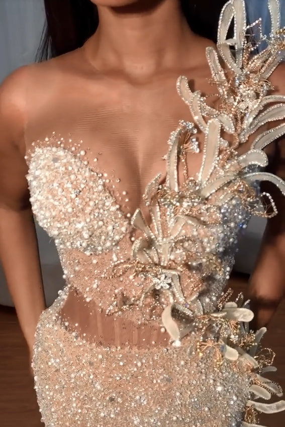 Sweetheart Flower Sequins Backless Sleeveless Mermaid Prom Dress-showprettydress