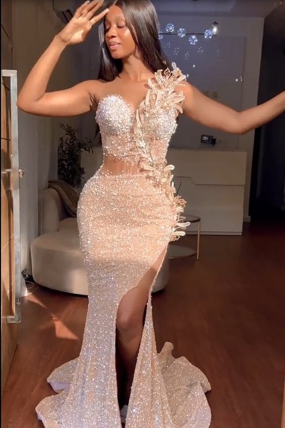 Sweetheart Flower Sequins Backless Sleeveless Mermaid Prom Dress-showprettydress