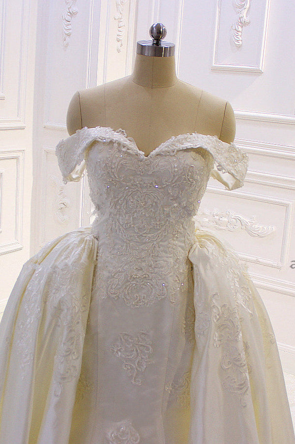 Sweetheart Lace Appliques Off the Shoulder Detachable Train Wedding Dress-showprettydress