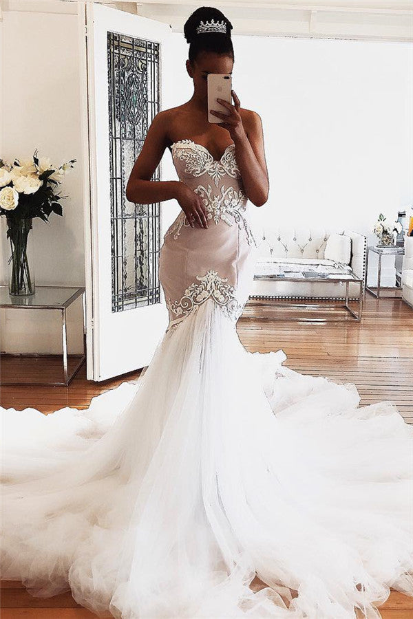 Sweetheart Lace Wedding Dresses Online Modern Sleeveless Mermaid Bridal Gowns-showprettydress