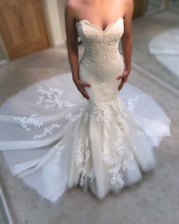 Sweetheart Mermaid Wedding Dress Online Modern Strapless Lace Bridal Gowns-showprettydress