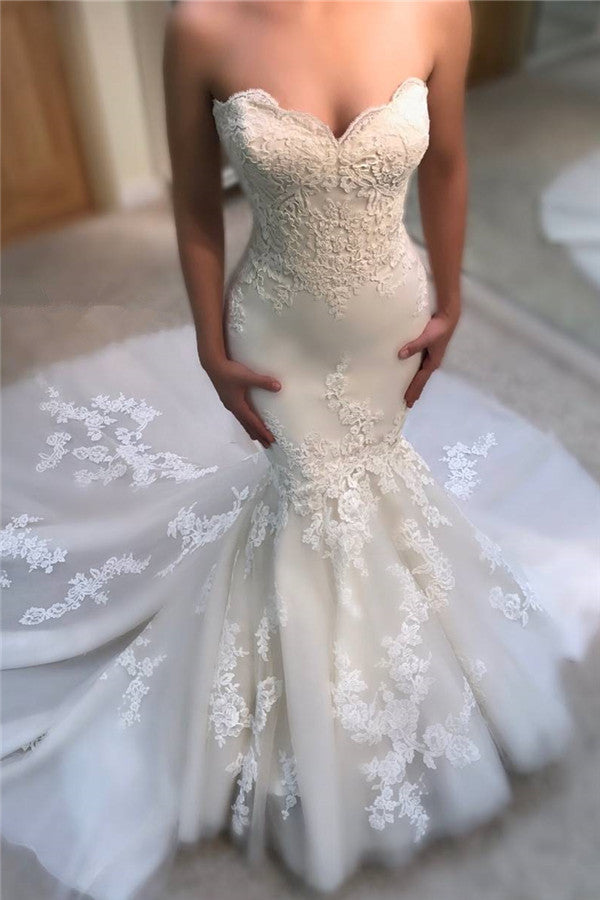 Sweetheart Mermaid Wedding Dress Online Modern Strapless Lace Bridal Gowns-showprettydress