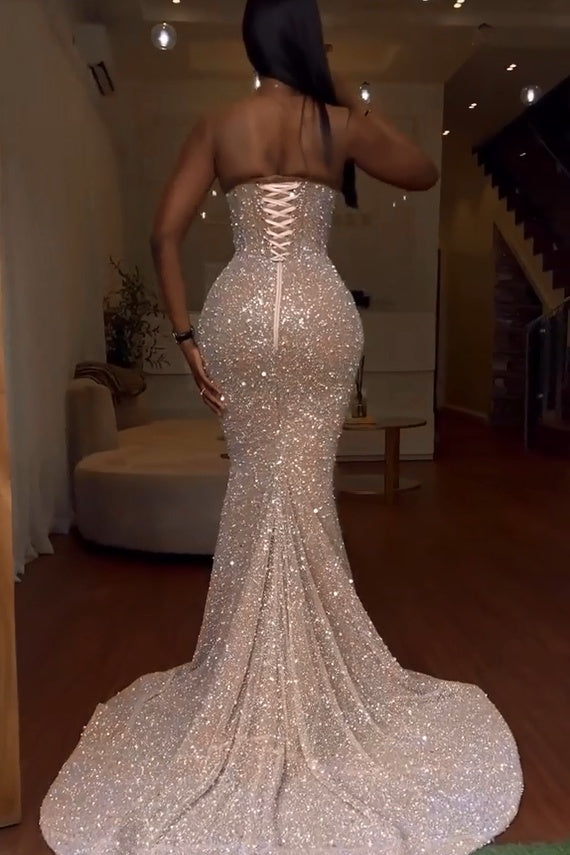 Sweetheart Sequins Backless Sleeveless Mermaid Prom Dress-showprettydress