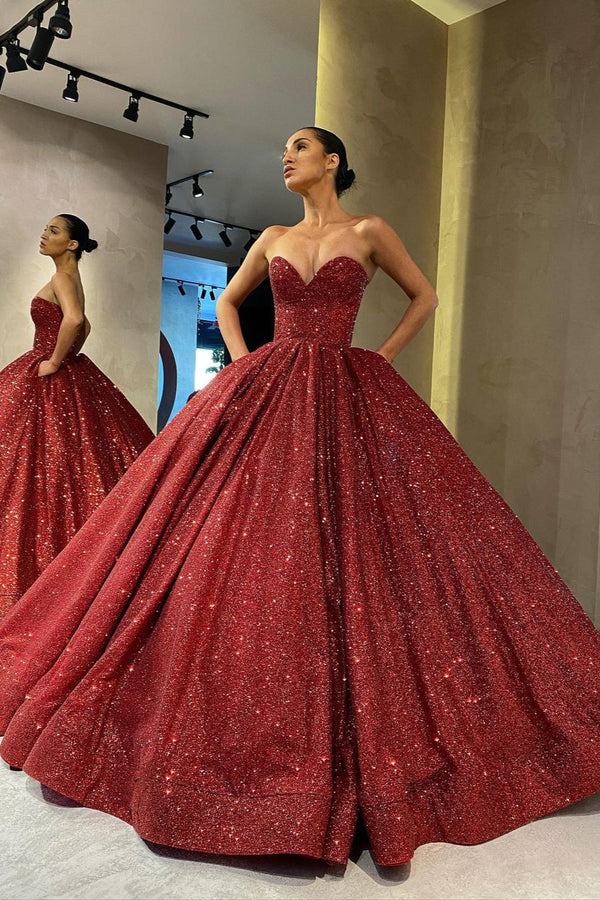 Sweetheart Sexy Ball Gown Prom Dress Sequins Red Long-showprettydress