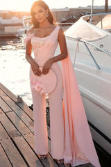 Sweetheart Sheath Sleeveless Slim Jumpsuit Beaded Feather Floor Length with Cape-showprettydress