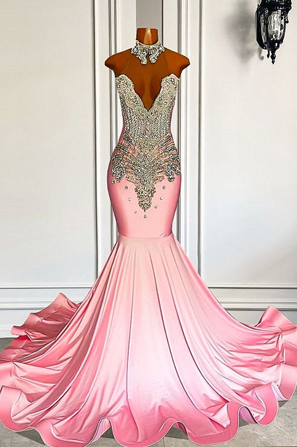 Sweetheart Silver Beaded Pink Mermaid Satin Prom Dresses-showprettydress