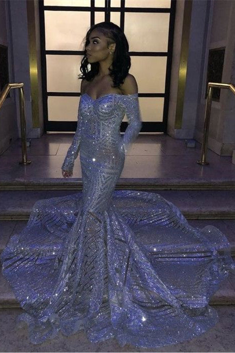 Sweetheart Strapless Sequins Long Train Mermaid Prom Dresses with Sleeves-showprettydress