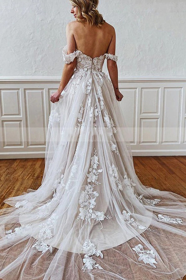 Sweetheart Straps 3D Floral Lace Aline Wedding Dress-showprettydress