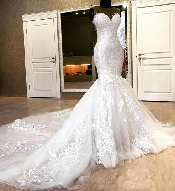 Sweetheart White Illusion neck Mermaid Beaded Lace Wedding Dress-showprettydress
