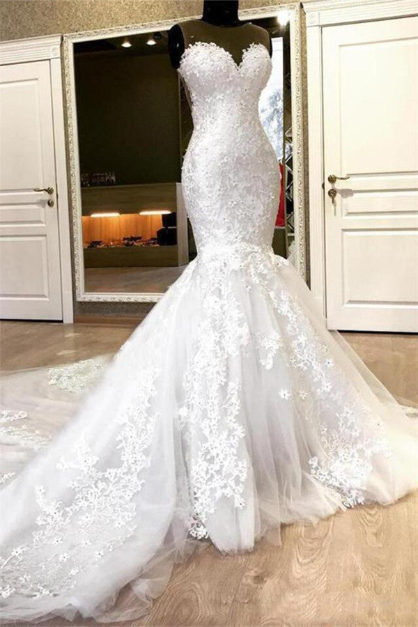 Sweetheart White Illusion neck Mermaid Beaded Lace Wedding Dress-showprettydress