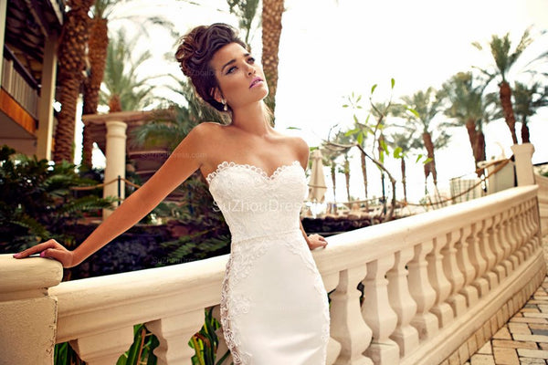 Sweetheart White Lace Wedding Dresses Mermaid Zipper Sleeveless Bridal Dresses-showprettydress