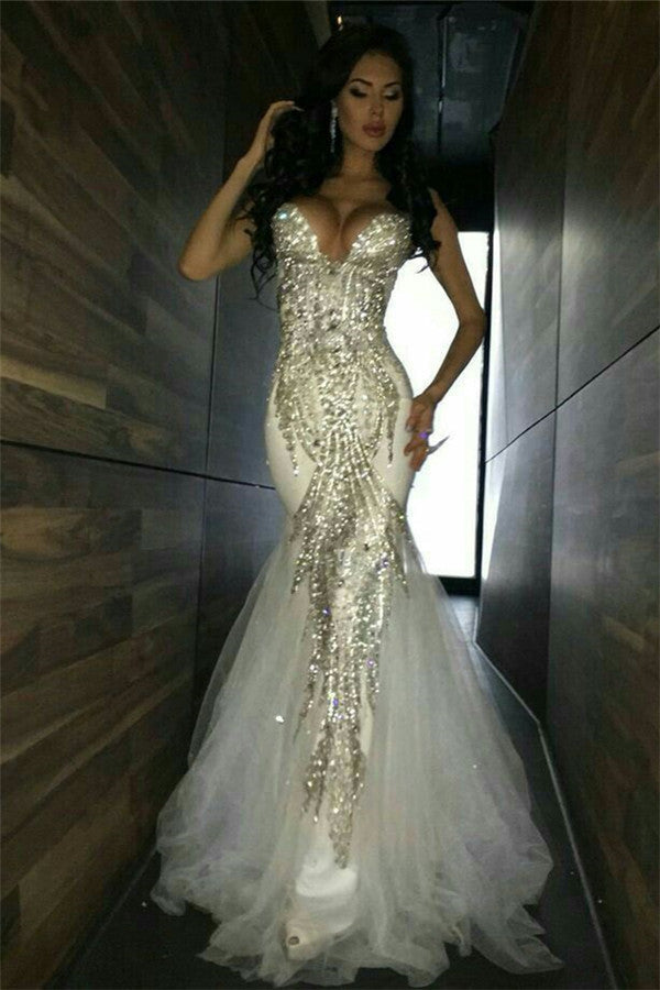 Sweetheart White Mermaid Prom Dresses Crystal Mermaid Evening Dresses-showprettydress