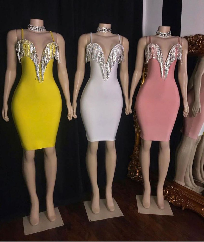 Tassels Deep V-neck Spaghetti Straps Mini Mermaid Hoco Dresses-showprettydress