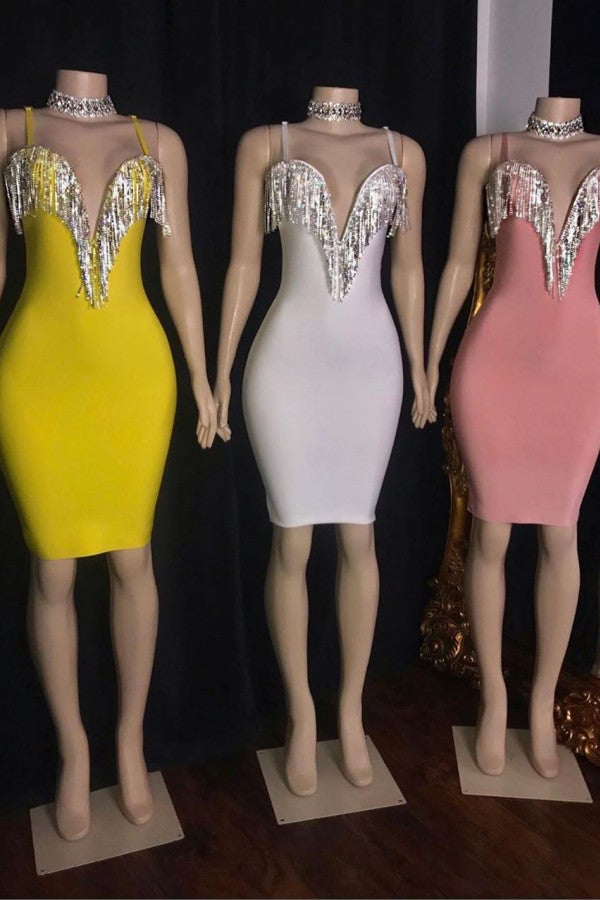 Tassels Deep V-neck Spaghetti Straps Mini Mermaid Hoco Dresses-showprettydress