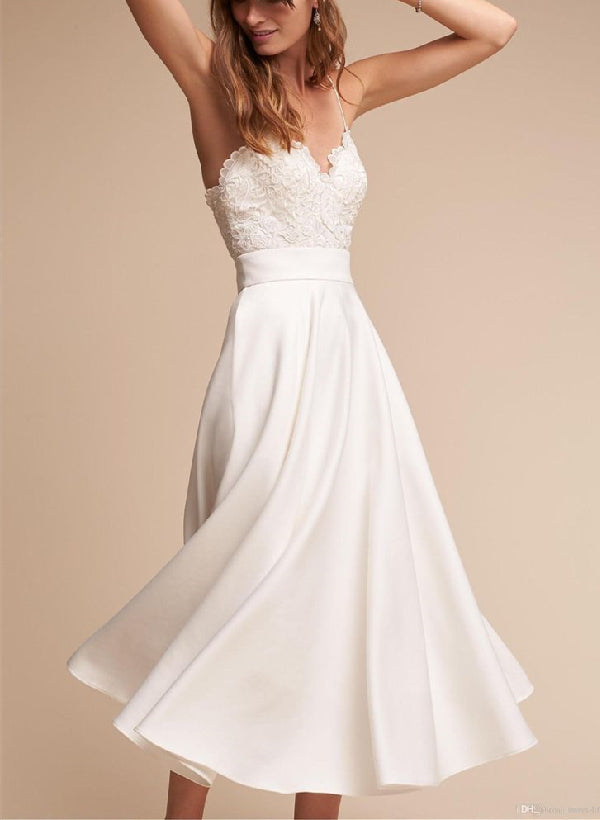 Tea-Length Lace Short Reception Wedding Dresses-Showprettydress