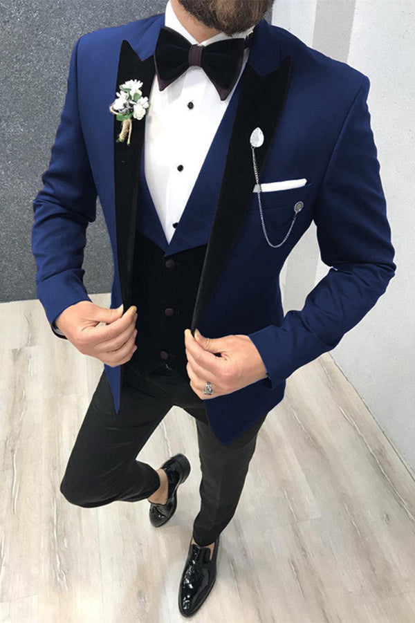 Three-piece Black-and-blue Peak Lapel Wedding Suits Tuxedos with Waistcoat-showprettydress