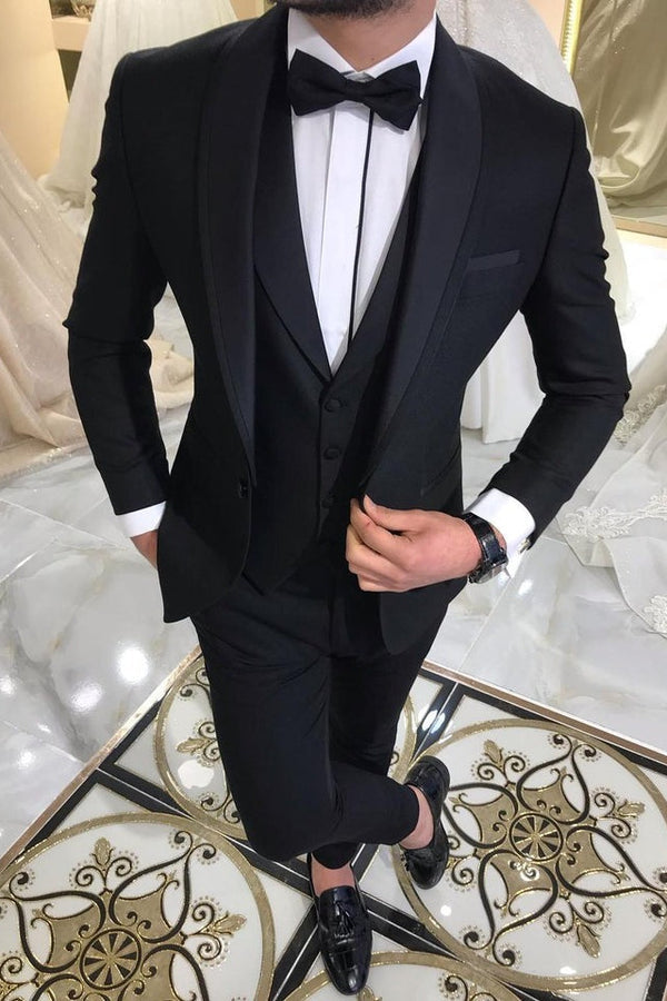 Three-piece Black Men Suits for Groom Shawl Lapel Wedding Tuxedos with Waistcoat-showprettydress