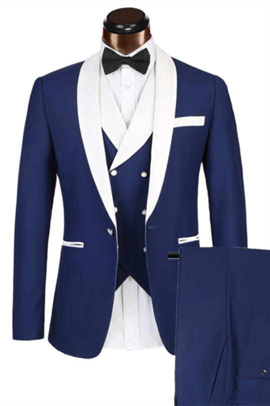Three-piece Well-cut White Lapel Edge Banding Formal Blue Men Suit For Wedding-showprettydress