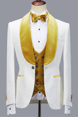 Three Pieces Jacquard White Wedding Men Suit with Velvet Lapel-showprettydress