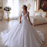 Traditional Ball Gown V neck Cold Shoulder White Lace Wedding Dress-showprettydress