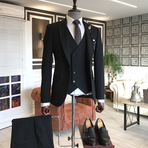 Traditional Black Peaked Lapel New in Slim Fit Men Suits-showprettydress