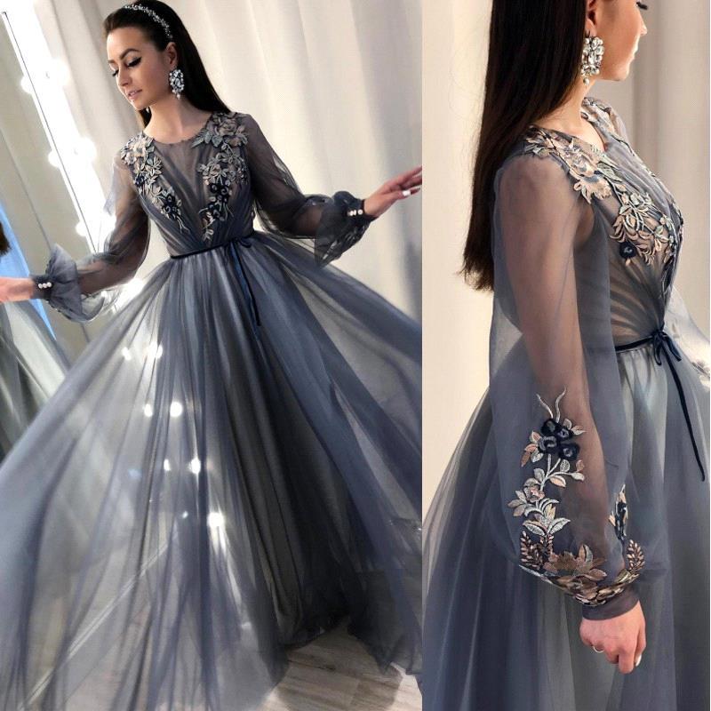 Trendy A-Line Tulle Evening Dresses Long Sleevess Applqiues Affordable Prom Dresses-showprettydress