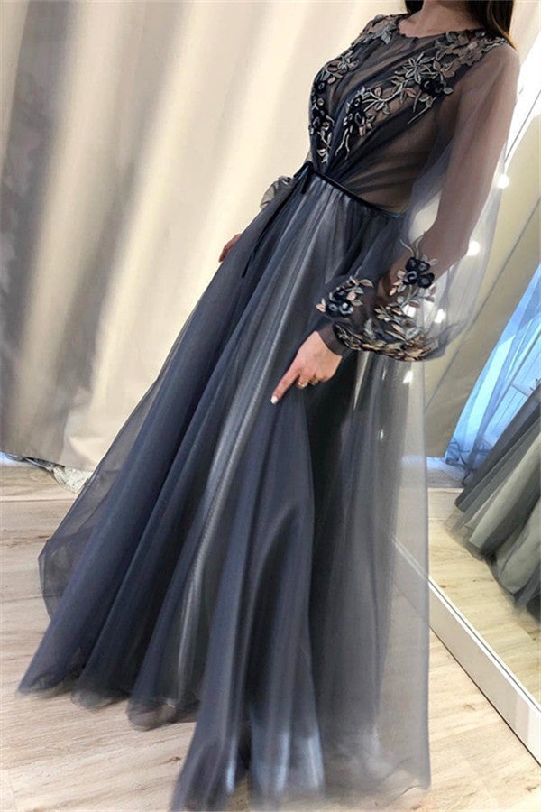 Trendy A-Line Tulle Evening Dresses Long Sleevess Applqiues Affordable Prom Dresses-showprettydress